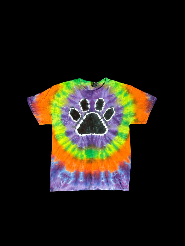 A black, green and orange tie dyed shirt with a punk rock cat design featuring a flip cap with graffiti font reading Harvest is Life