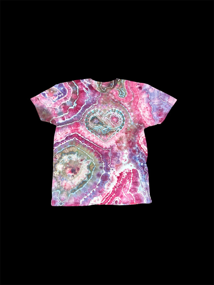 A blue toned tie dyed t shirt with a Grim Reaper design in white, named the grim reefer